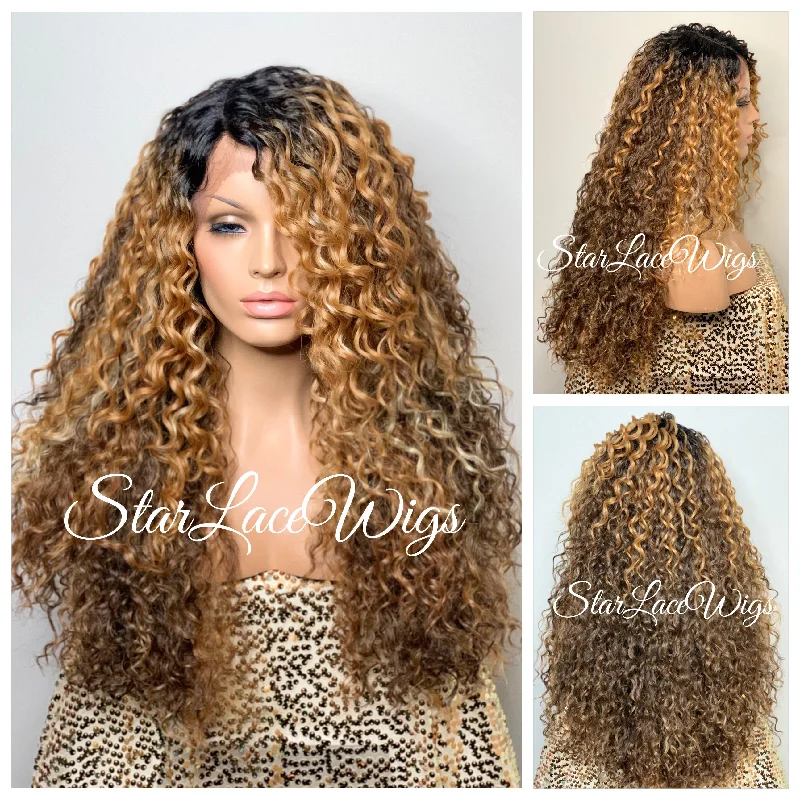 Synthetic Lace Front Wig Brown Auburn Blonde Highlights Long Curly - Brie