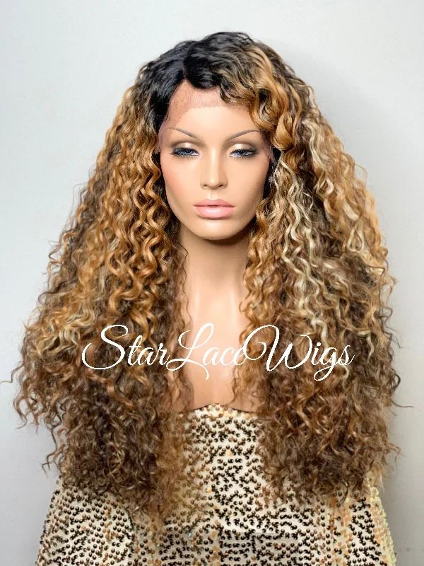 Synthetic Lace Front Wig Brown Auburn Blonde Highlights Long Curly - Brie