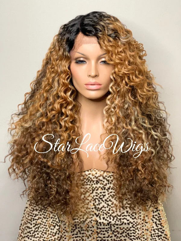 Synthetic Lace Front Wig Brown Auburn Blonde Highlights Long Curly - Brie