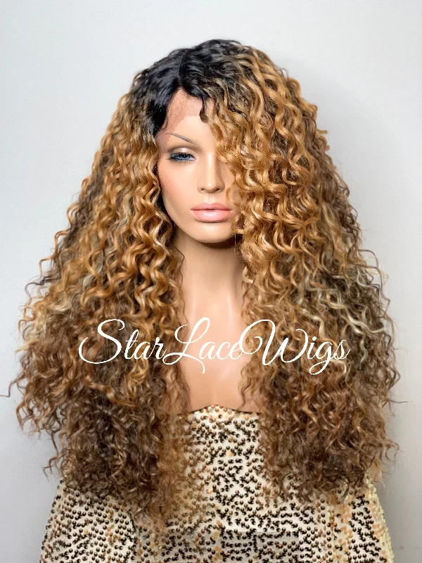 Synthetic Lace Front Wig Brown Auburn Blonde Highlights Long Curly - Brie