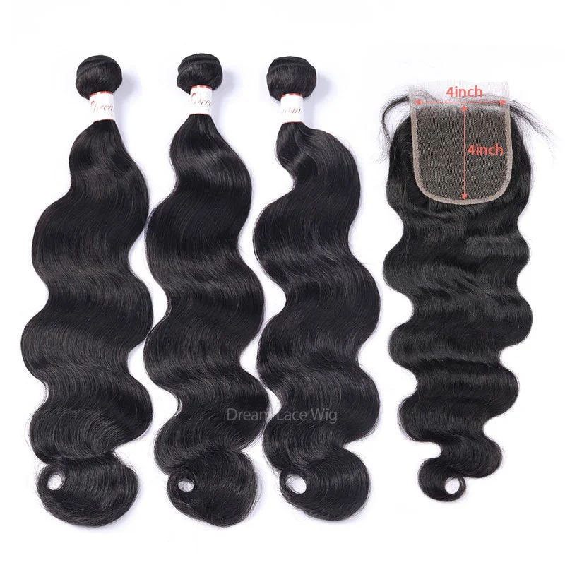 Transparent Lace HD Lace Natural Color Body Wave Hair Bundles with 4x4 Lace Closure