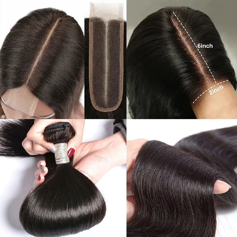 2x6 Closure with Bundles Silky Straight Swiss Lace Human Hair Closure Wig