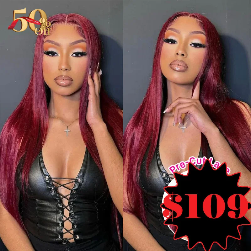 {50% Off} 5x5 Pre Cut Lace 99J Burgundy Glueless Human Hair Closure Wig