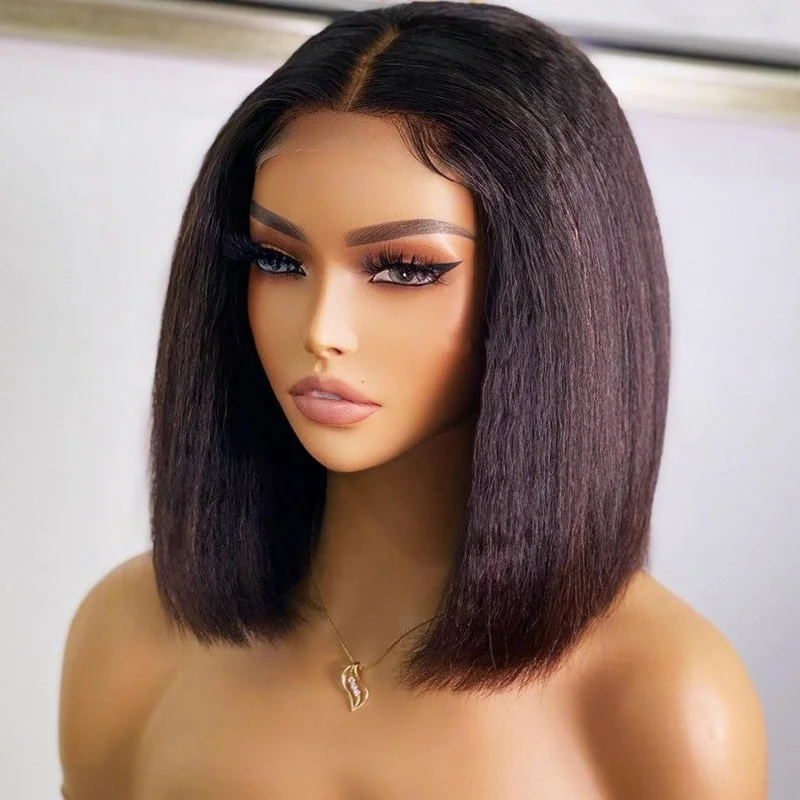 Basia | C Part Kinky Straight Prepluck Human Hair Closure Bob Lace Front Wig