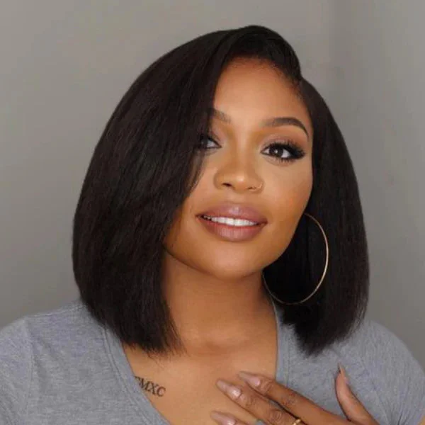 Basia | C Part Kinky Straight Prepluck Human Hair Closure Bob Lace Front Wig