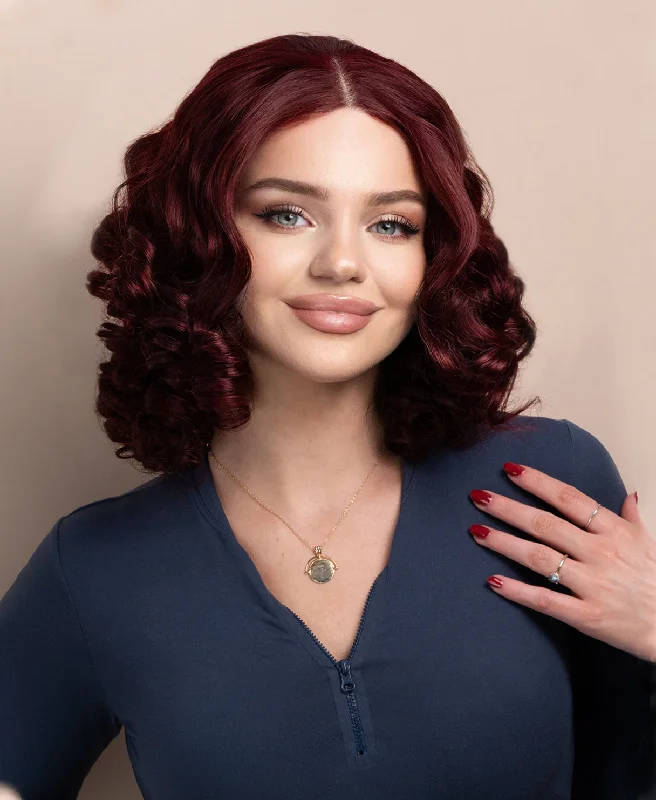 bouncy curls human wig - 14"" dark red.