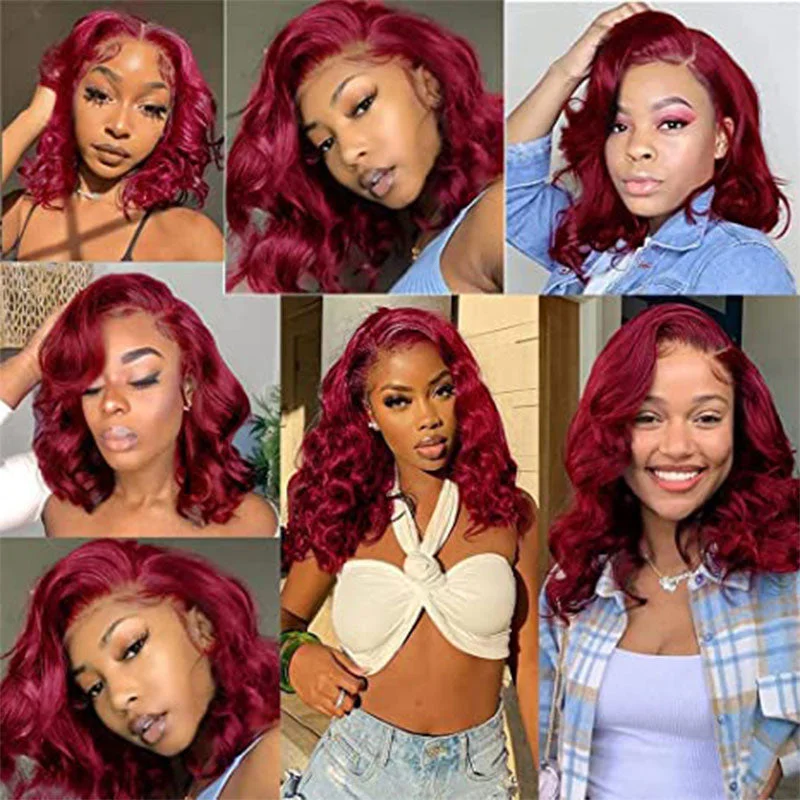 Burgundy Wig Colored Bob Wig Wavy Wigs Pre Cut Lace Wig 180% Density