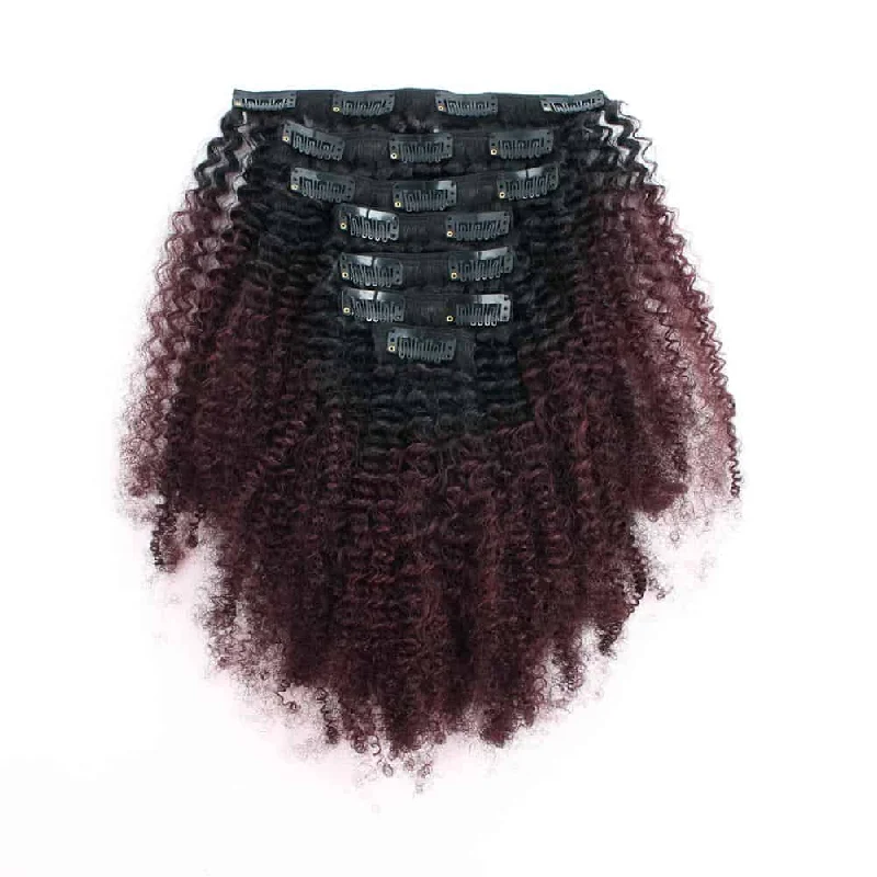 Clip in Hair Extension Afro Kinky Curly Ombre Natural Black to Dark Wine