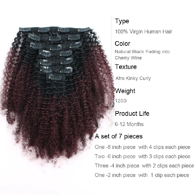 Clip in Hair Extension Afro Kinky Curly Ombre Natural Black to Dark Wine