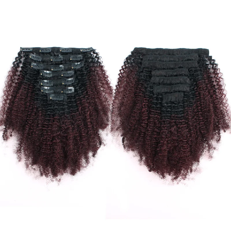 Clip in Hair Extension Afro Kinky Curly Ombre Natural Black to Dark Wine