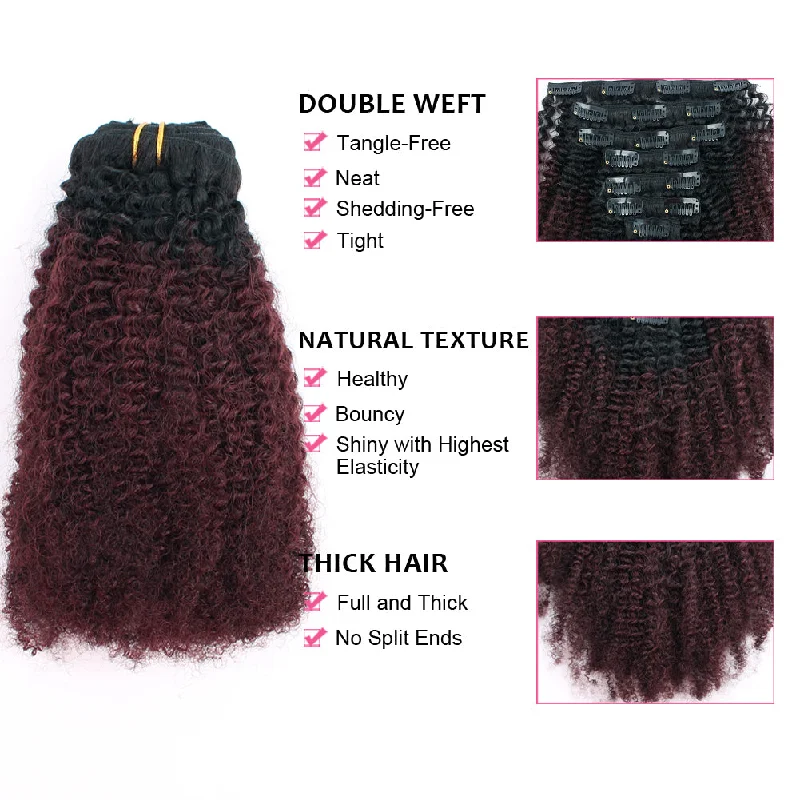 Clip in Hair Extension Afro Kinky Curly Ombre Natural Black to Dark Wine