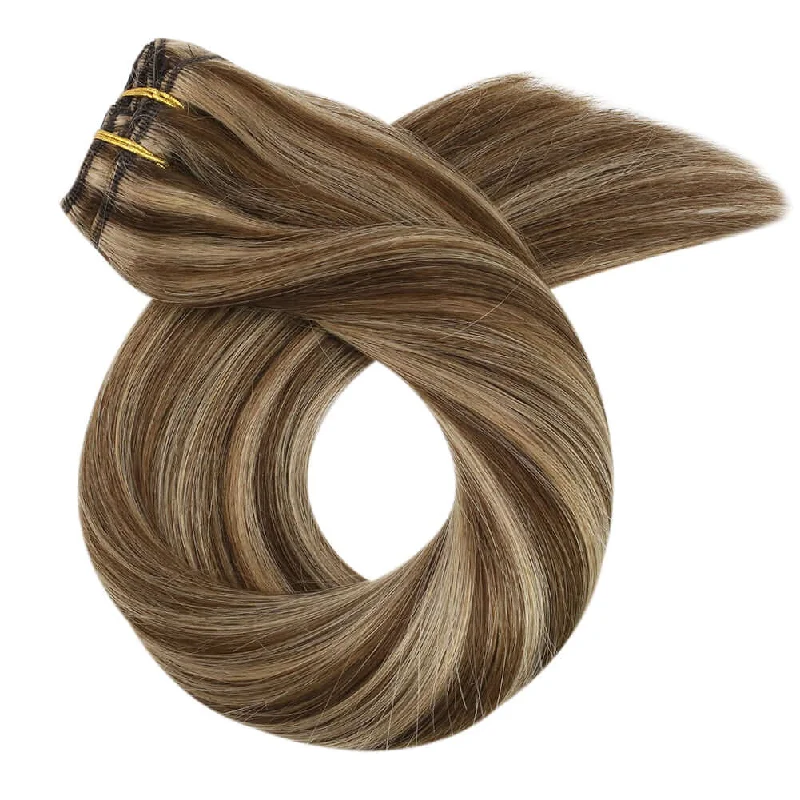 Moresoo Clip in Hair Extensions Real Remy Human Straight Highlight Color (#P4/27)