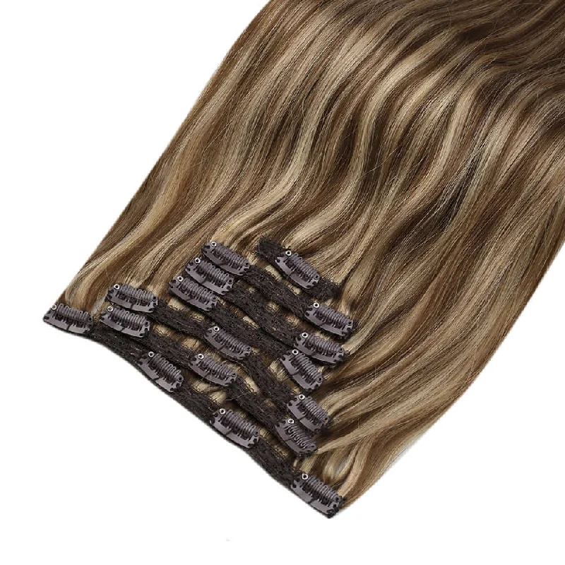 Moresoo Clip in Hair Extensions Real Remy Human Straight Highlight Color (#P4/27)