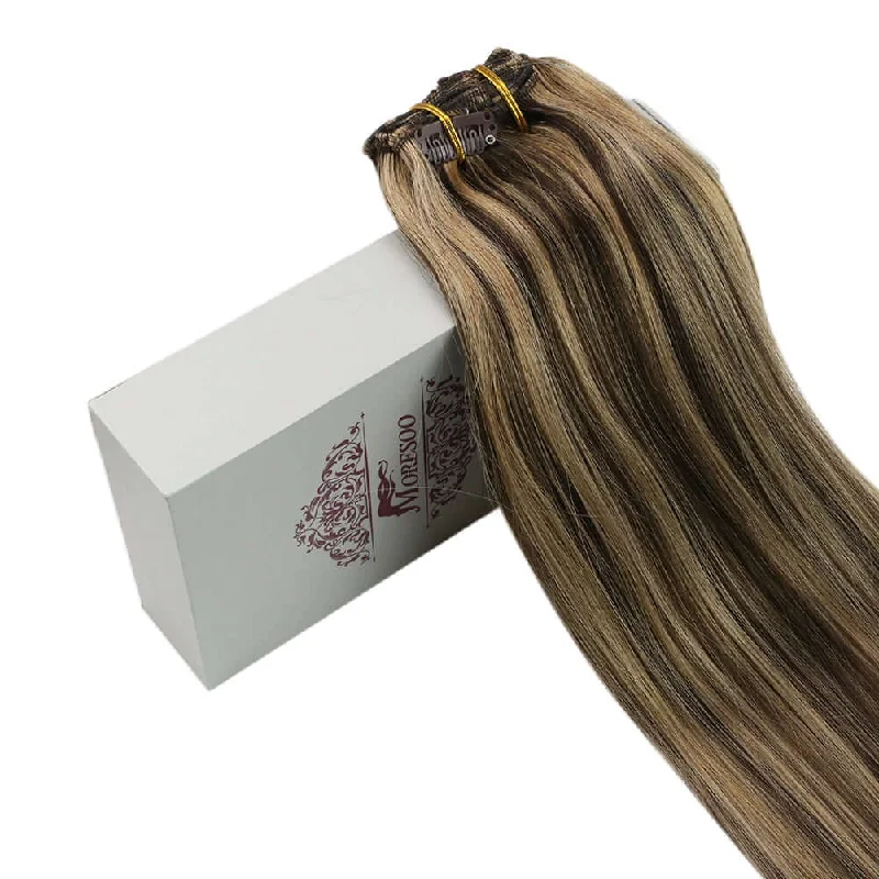 Moresoo Clip in Hair Extensions Real Remy Human Straight Highlight Color (#P4/27)