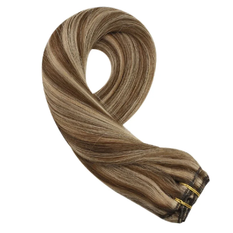 Moresoo Clip in Hair Extensions Real Remy Human Straight Highlight Color (#P4/27)