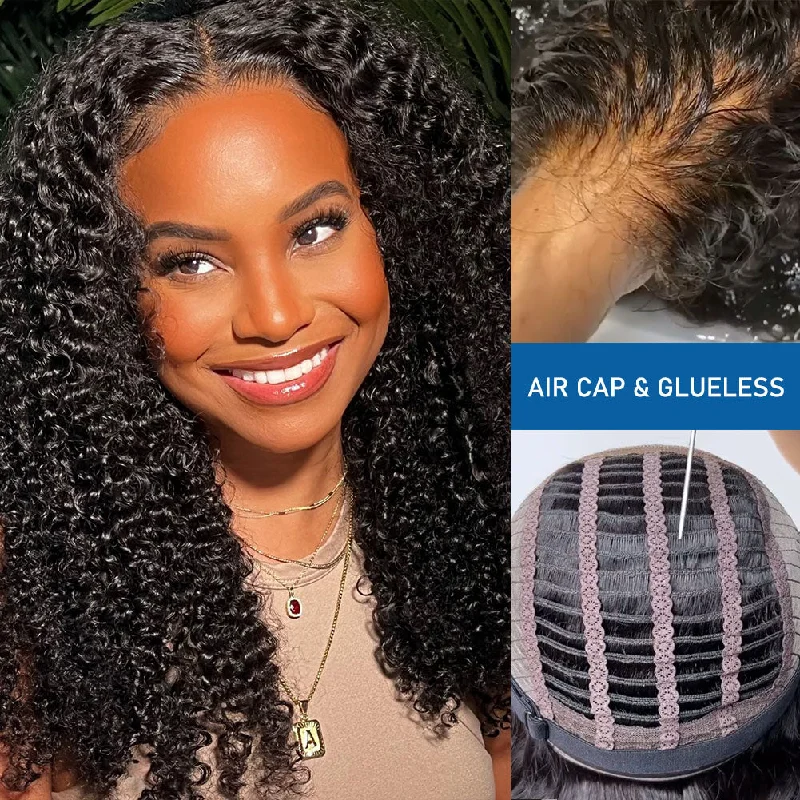 Flash Sale Glueless Air Cap Skin Melt Swiss Lace Preplucked Human Hair Closure Wigs Kinky Curly