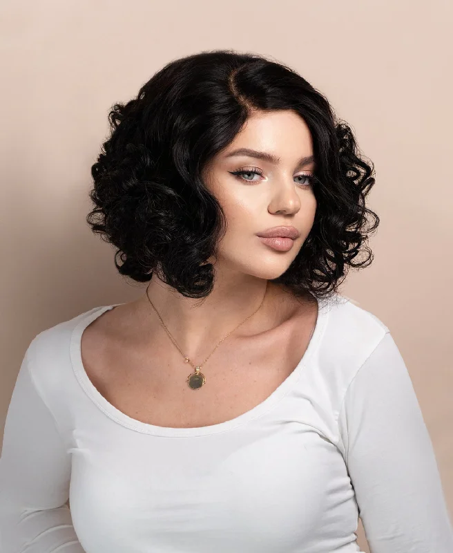 curly bob human wig - 12"" natural black.