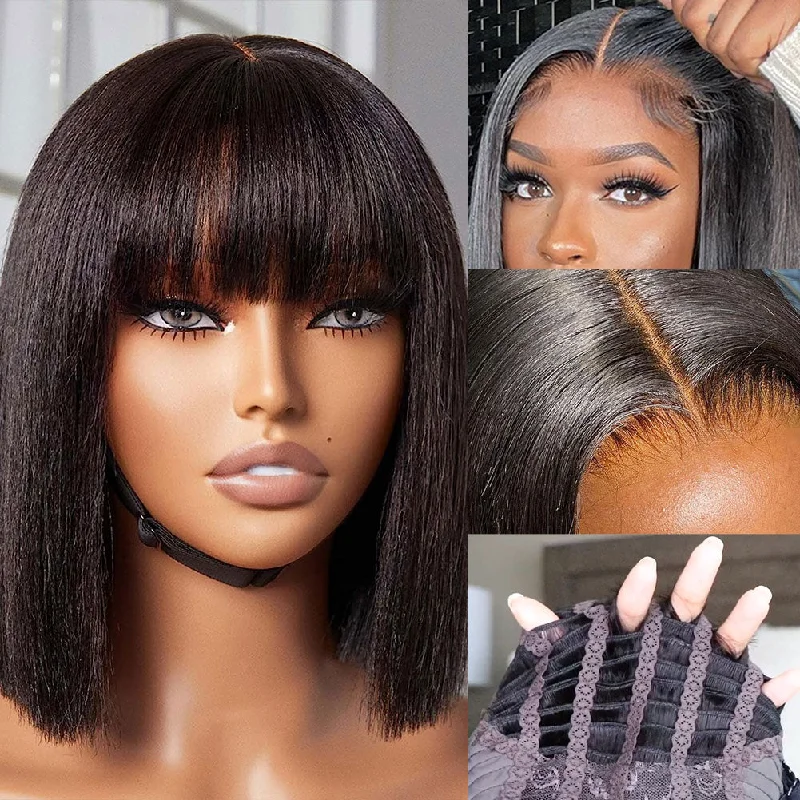 Glueless Air Cap Skin Melt Swiss Lace Preplucked Human Hair Closure Bob Wigs with Bang