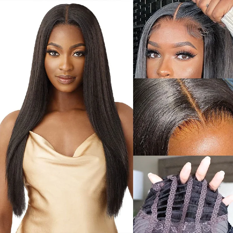 Glueless Air Cap Skin Melt Swiss Lace Preplucked Human Hair Closure Wigs Light Yaki