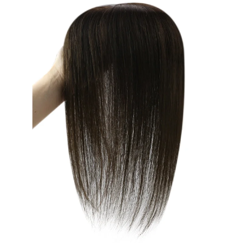 [150% High Density Upgrade] Remy Base Medium Hair Toppers No Bangs Hair Darkest Brown for Thinning Hair (#2)