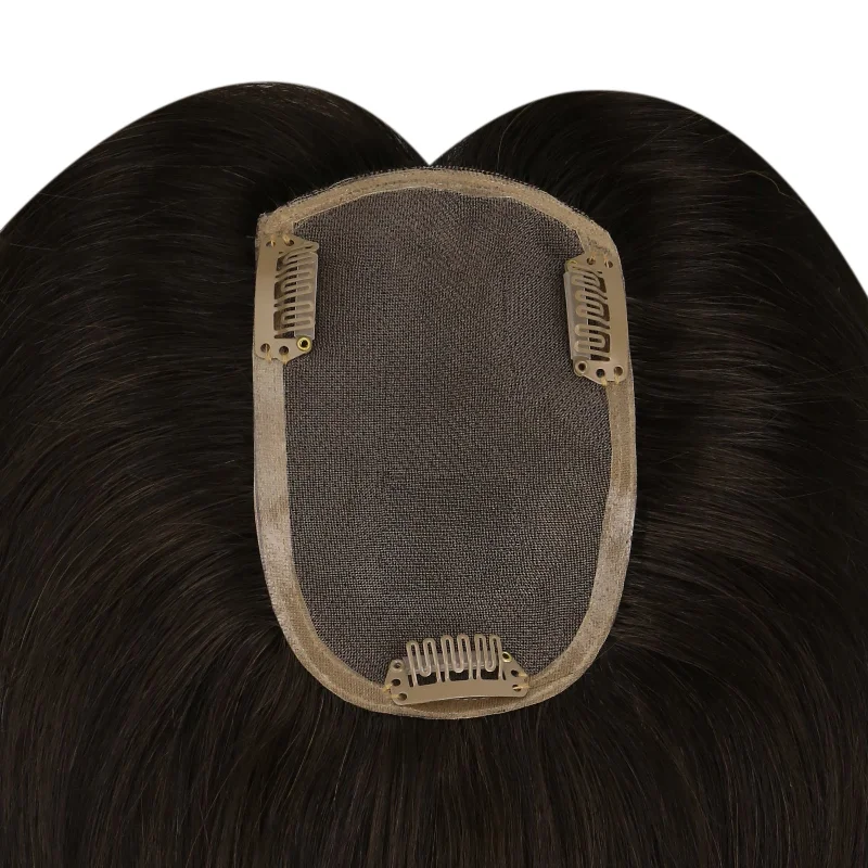 [150% High Density Upgrade] Remy Base Medium Hair Toppers No Bangs Hair Darkest Brown for Thinning Hair (#2)