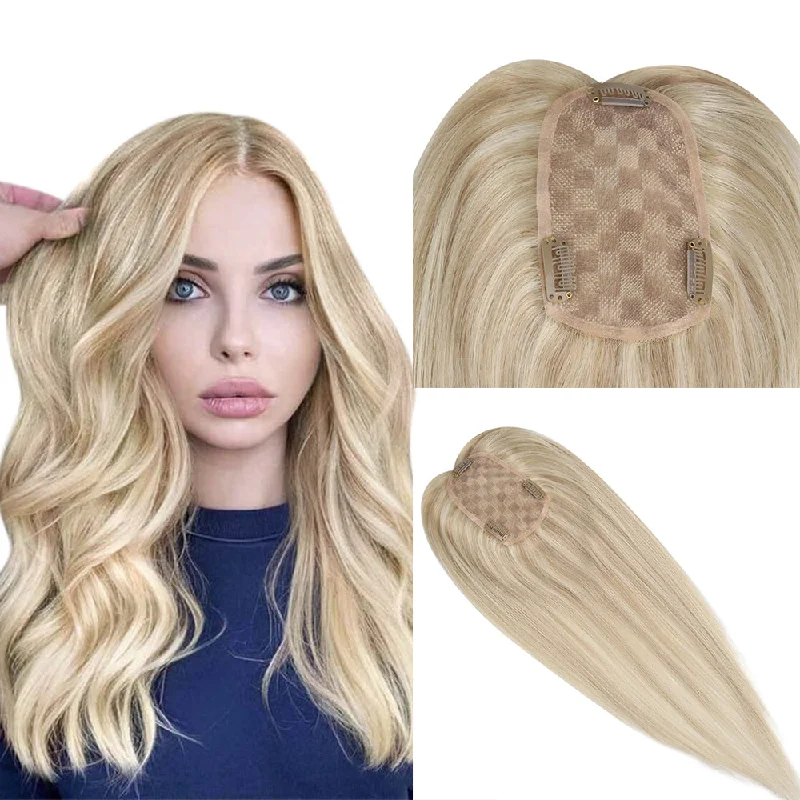 [150% High Density Upgrade] Clip in Medium Hair Toppers Crown and Front Hairline Hairpieces Without Bangs (#18/613)