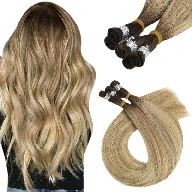 Virgin Hand Tied Hair Weft Extensions Balayage Brown with Blonde Hair Weft #3/8/22