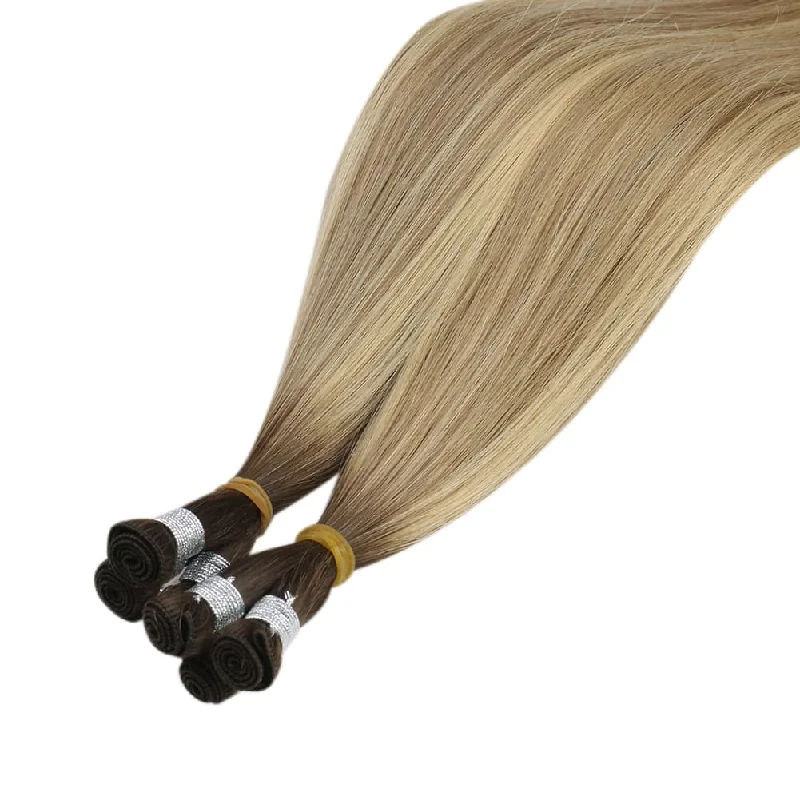 Virgin Hand Tied Hair Weft Extensions Balayage Brown with Blonde Hair Weft #3/8/22