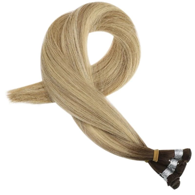 Virgin Hand Tied Hair Weft Extensions Balayage Brown with Blonde Hair Weft #3/8/22