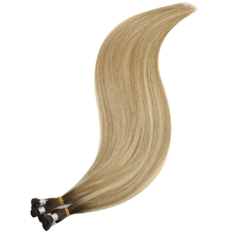 Virgin Hand Tied Hair Weft Extensions Balayage Brown with Blonde Hair Weft #3/8/22