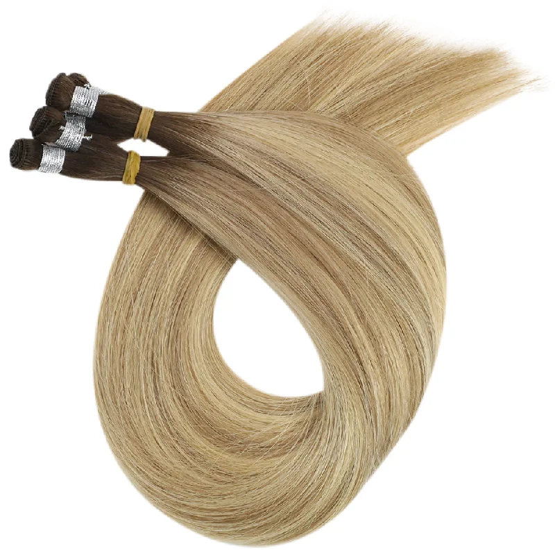 Virgin Hand Tied Hair Weft Extensions Balayage Brown with Blonde Hair Weft #3/8/22