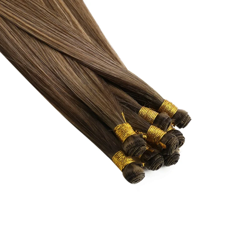 Hand Tied Human Hair Weft Virgin Hair Bundles Balayage Brown  #BM