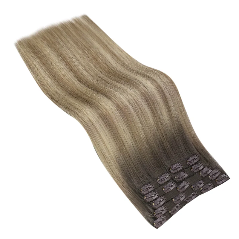 Virgin Human Hair Clip in Extensions Seamless Balayage Brown Blonde #5/7/20