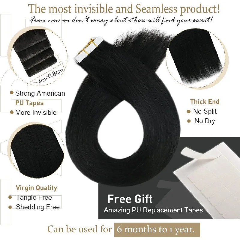 Seamless Tape in Hair Extensions Salon Quality Virign Hair Injected Tape on Hair Off Black #1B