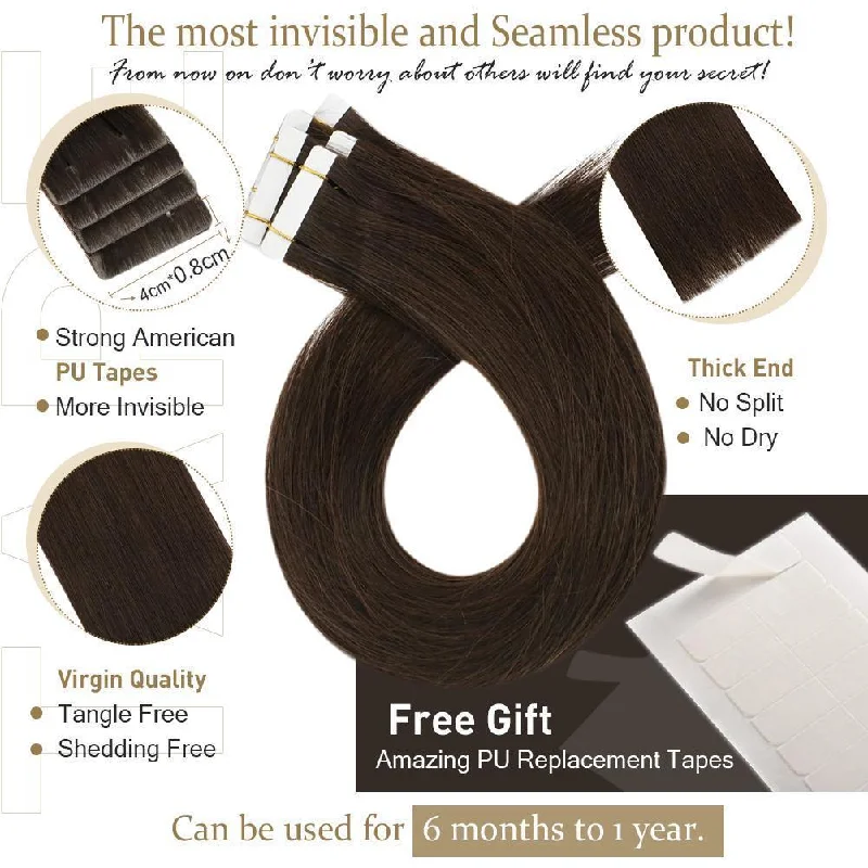 Invisible Seamless Injected Medium Brown Virgin Tape in Hair extensions #4