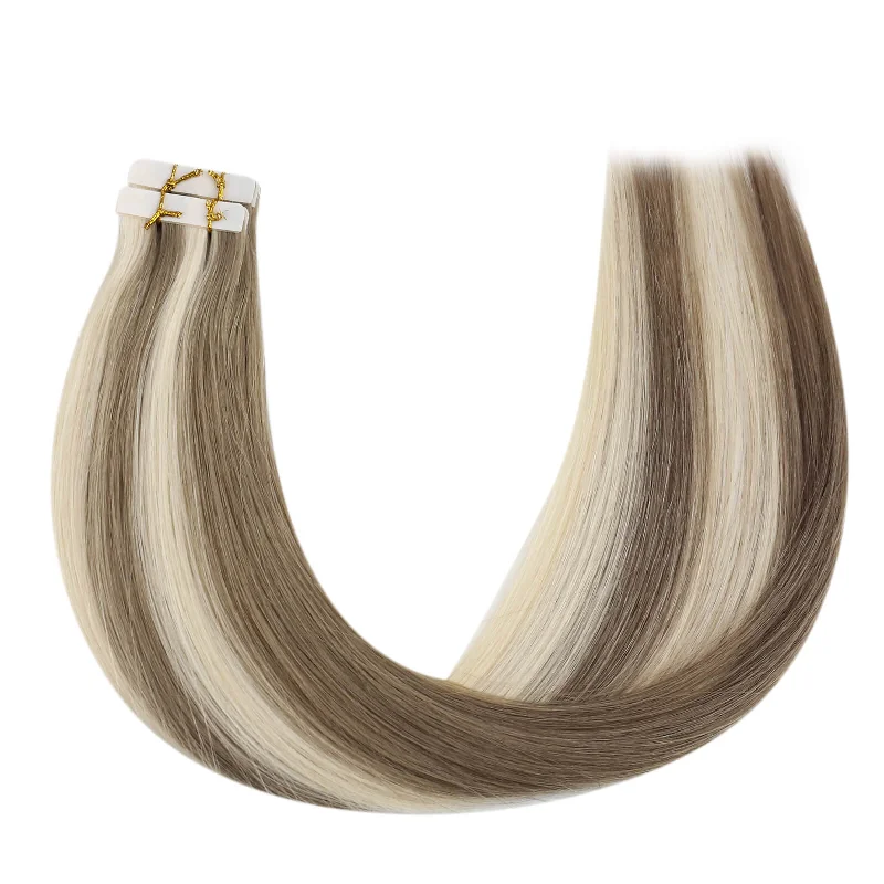 Seamless Virgin Tape in Hair Extensions Injected Tape on Hair Brown with Bleach Blonde P8/60