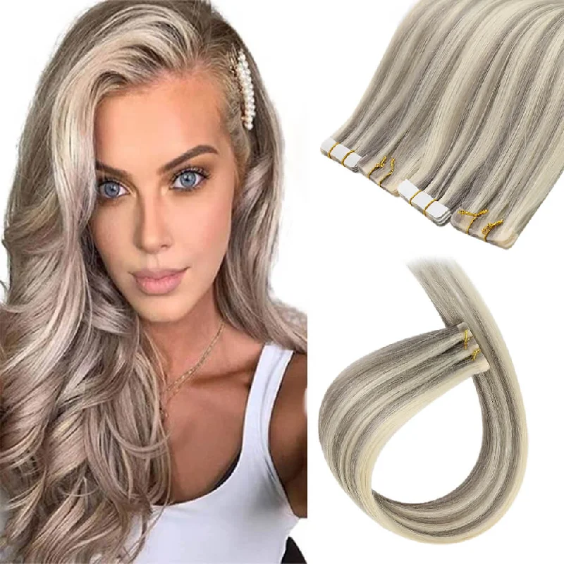 Invisible Seamless Virgin Injection Tape in Hair Extensions Grey Blonde Highlights #19a/60