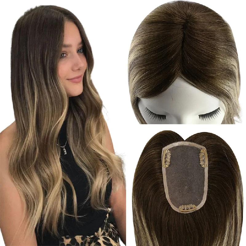 Sunny Hair Mono Topper Clip in Toupee Balayage Brown with Blonde #4/27/4