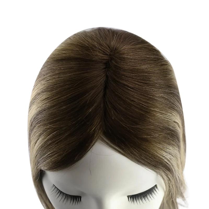 Sunny Hair Mono Topper Clip in Toupee Balayage Brown with Blonde #4/27/4