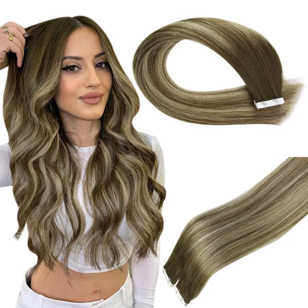 【New Color】Moresoo Virgin Tape In Hair Extensions 100% Brazilian Human Balayage Brown Hair (#4/8/27/4)