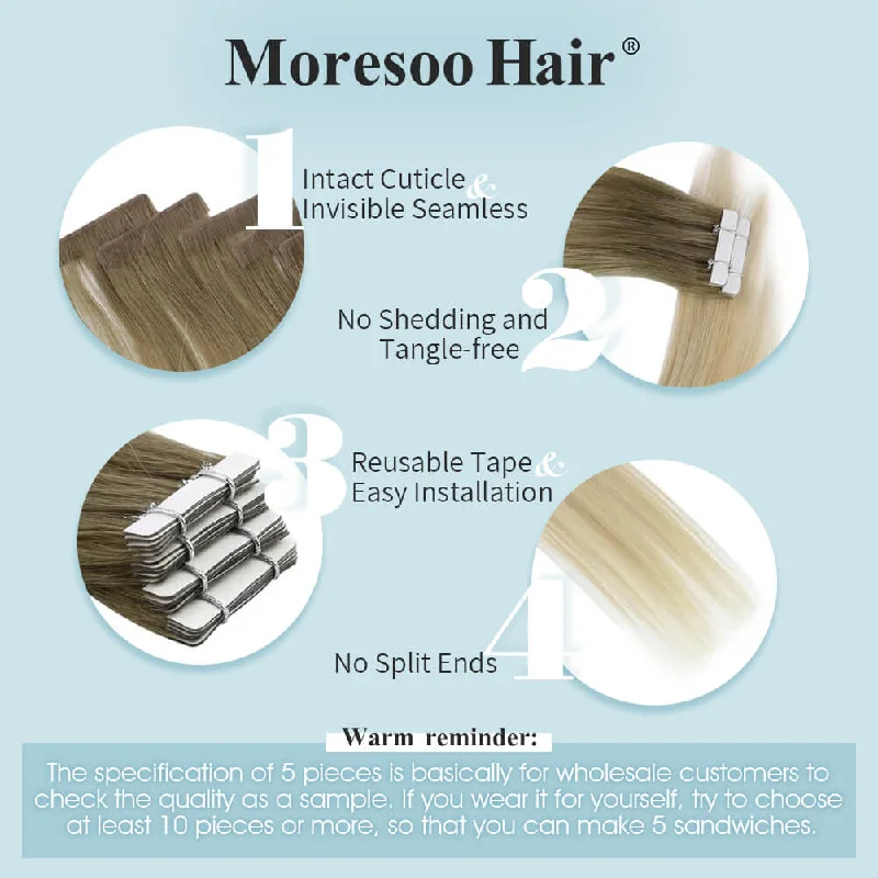 【New Color】Moresoo Virgin Injection Tape in Human Hair Extensions Balayage Blonde (#8/27/60)