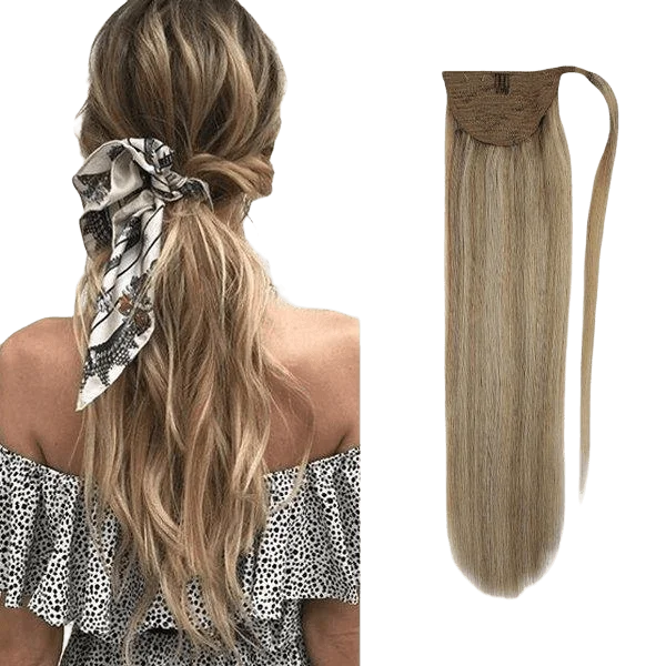 [Ponytail] Clip in Ponytail Human Hair Extensions Blonde Highlighted #16/22