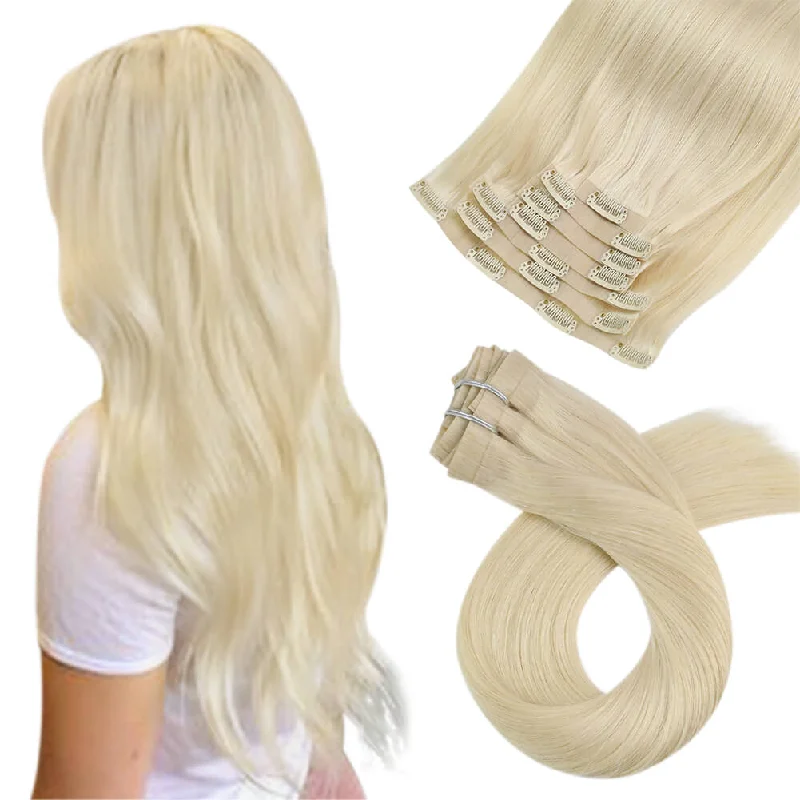 Moresoo PU Clip In Hair Platinum Blonde Silky Straight Remy Human Hair Extension (#60)