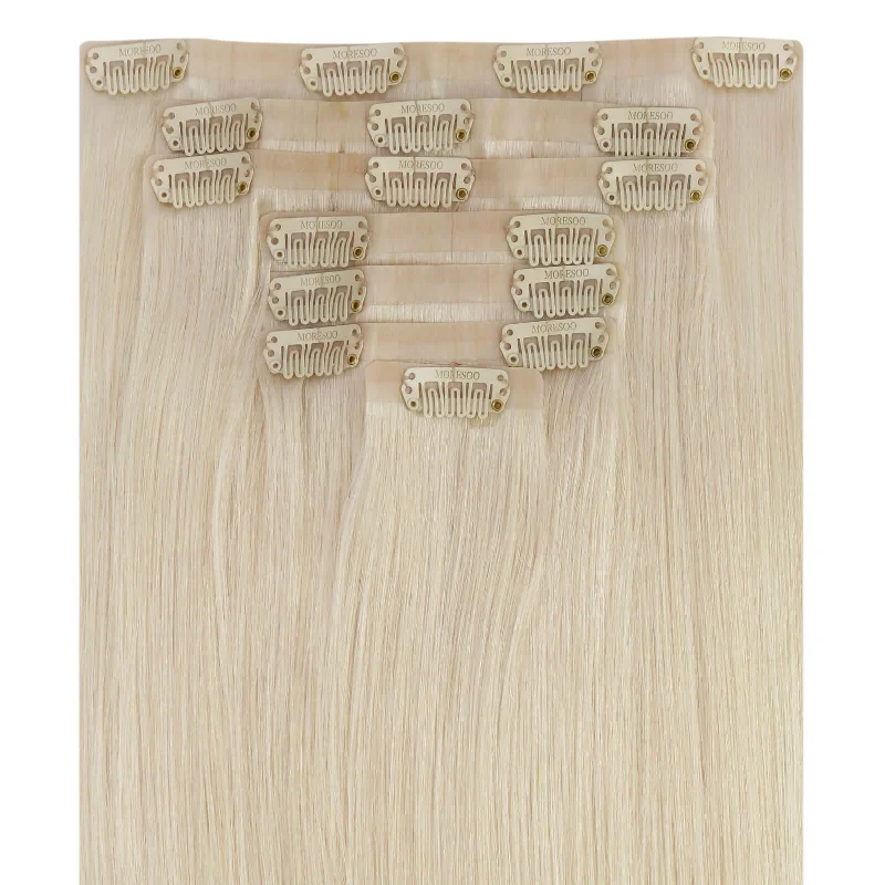 Moresoo PU Clip In Hair Platinum Blonde Silky Straight Remy Human Hair Extension (#60)