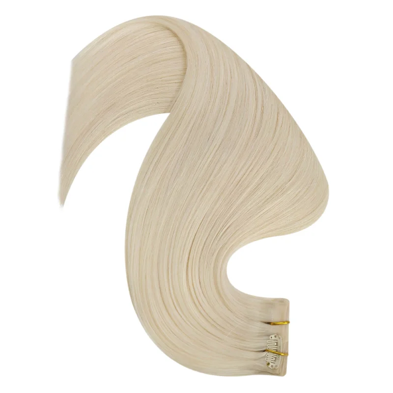 Moresoo PU Clip In Hair Platinum Blonde Silky Straight Remy Human Hair Extension (#60)