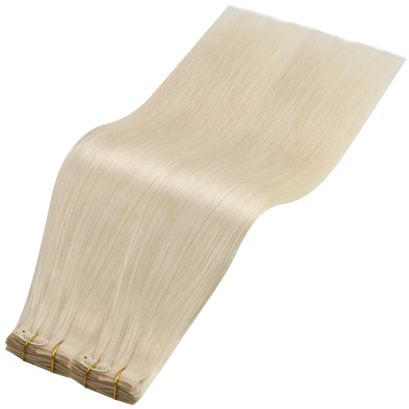 Moresoo PU Clip In Hair Platinum Blonde Silky Straight Remy Human Hair Extension (#60)