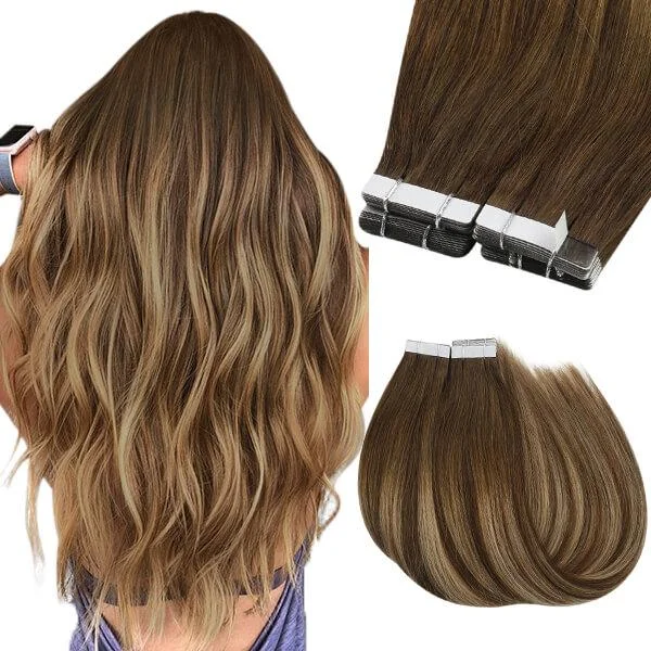 Sunny Hair Tape in Hair Extensions Balayage Brown and Blonde Highlights