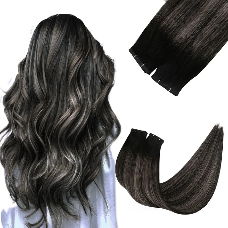 [US Only]Flat Silk Weft PU Sew In Virgin Hair Balayage Black With Silver Real Human Weft Hair #1B/Silver/1B