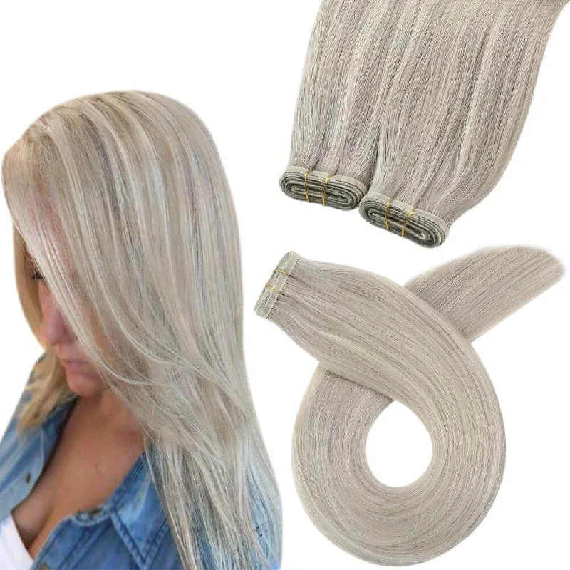 [US Only]Flat Silk Weft PU Sew In Human Virgin Hair Blonde Highlights Platium Blonde For Women #19A/60