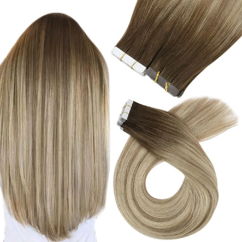 [US Only]Balayage Ombre Brown to Blonde Virgin Real Hair Extensions Skin Tape in Hair  #3/8/22